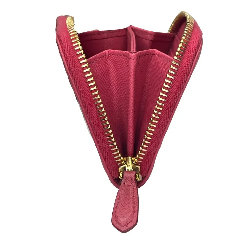 Prada Saffiano Leather Zip Coin Purse Compact Wallet Pink Gold Logo Italy Small